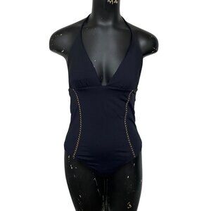 L SPACE LILA PLUNGE STRAPPY BACK HALTER ONE PIECE SWIMSUIT BLACK SIZE 10
